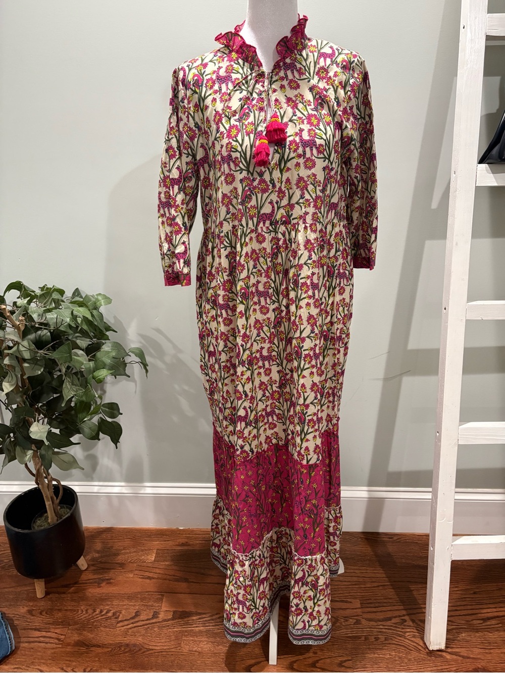 Boho Pink Floral Maxi Dress with Contrast Trim